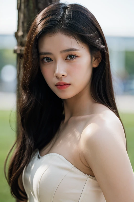 masterpiece, best quality, ultra-detailed, ultra high res, (photorealistic:1.4), raw photo, (realistic:0.2), 8k HDR, realistic cool temperature lighting, (asian:0.2), 1girl, solo, asymmetrical hair, outdoor, day, (simple background:1.2), bokeh, (detailed lips), (detailed pores), (detailed skin textures with pinkish tinge), (detailed face:1.2), (upper body:1.2), a woman in a white tube dress, promotional image, a character portrait,