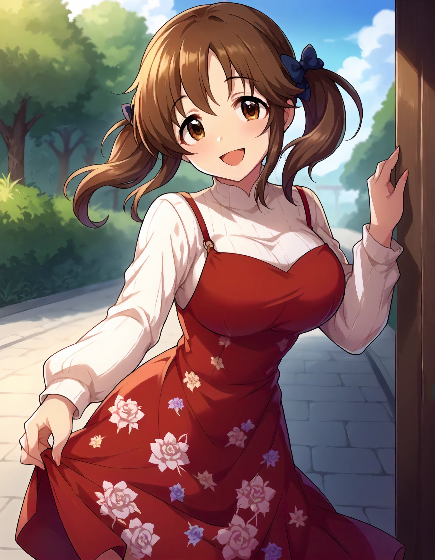 score_9,score_8_up,score_7_up,1girl,solo,cowboy shot,looking at viewer,smile,open mouth,outdoors,
<lora:totokiairi_ponyXLV6:0.8>,cgtta,
brown hair,twintails,brown eyes,large breasts,
hair bow,(white sweater:0.4),floral print red dress