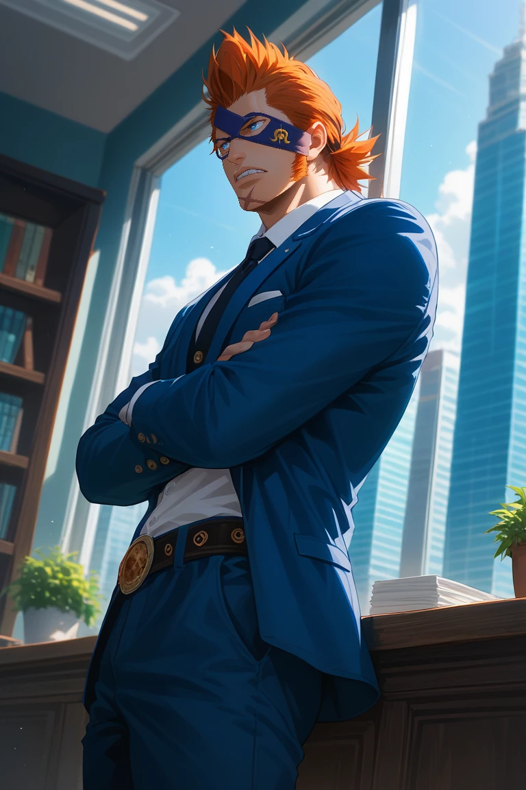 score_9, score_8_up, score_7_up, source_anime, rating_questionable, day, natural lighting, male focus, leaning back, leaning on wall, looking away, crossed arms, DrakeOP, orange_Drake_male hair, black_Drake_eye mask, blue_Drake_eyes, dark brown_Drake_chin scar, formal, suit, belt, pants, parted lips, teeth, serious, 1boy, blurry indoor office, large window, cityscape, from inside, from side, from below, dutch angle, intricately detailed illustration, realistic shading, atmospheric perspective, depth of field