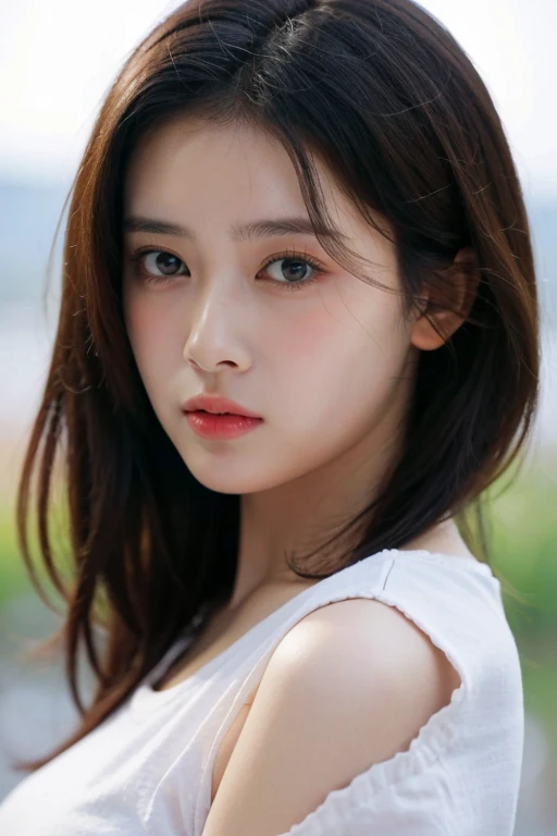 masterpiece, best quality, ultra-detailed, ultra high res, (photorealistic:1.4), raw photo, (realistic:0.2), 8k HDR, realistic cool temperature lighting, (asian:0.2), 1girl, solo, asymmetrical hair, outdoor, day, (simple background:1.2), bokeh, (detailed lips), (detailed pores), (detailed skin textures with pinkish tinge), (detailed face:1.2), (upper body:1.2), a woman in a white t-shirt, promotional image, a character portrait,