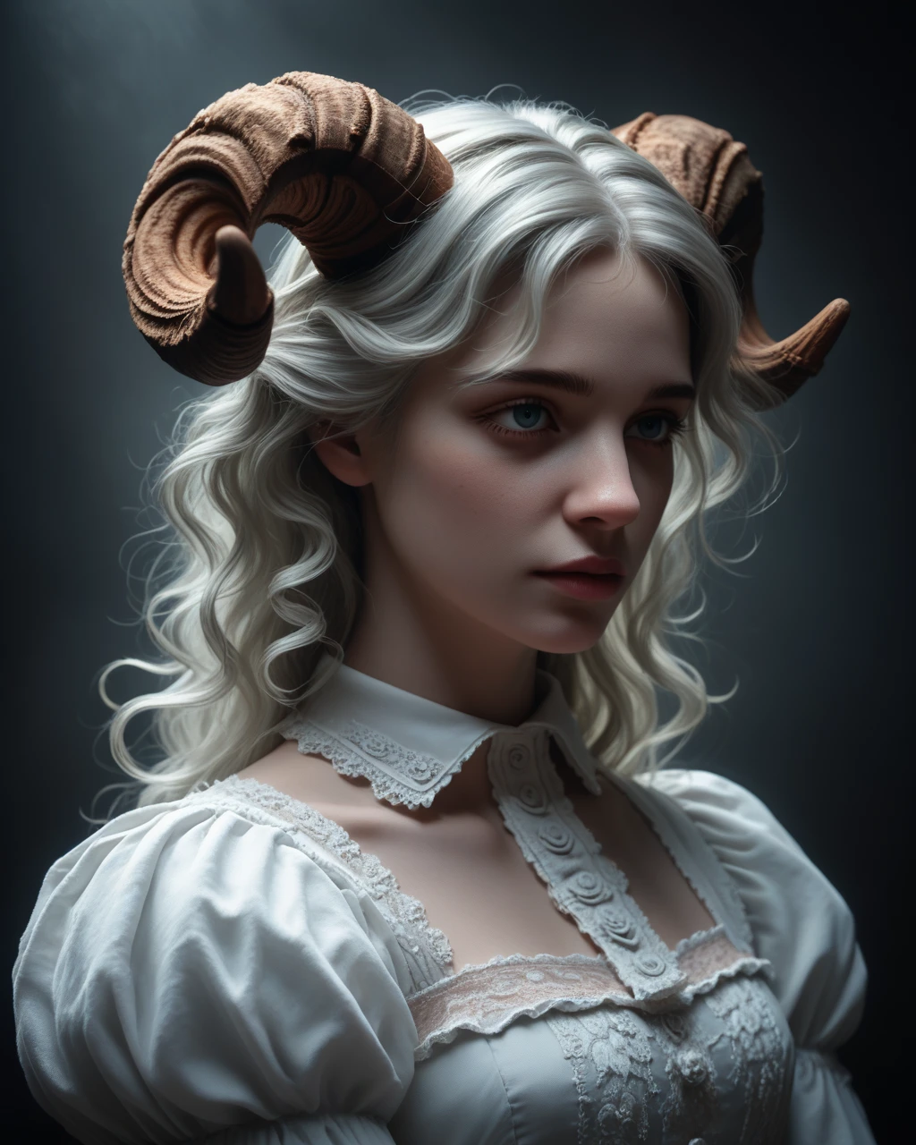 hyper-detailed, 4k, Soft-focus portrait, oil painting technique, soft and diffused lighting, ethereal and whimsical atmosphere, with pastel tones.\nlooking over the shoulder, A delicate woman with long, flowing white hair and large, curling ram horns stands in a soft, light-filled setting. Her pale skin glows against the muted, almost dreamlike background of soft whites and greys. Dressed in a Victorian-inspired, high collared lace dress, intricate with layers of ruffles, her wide, expressive eyes are filled with wonder. Small flowers adorn her hair, giving her an innocent, fae-like presence. The texture of the ram horns contrasts with the soft curls of her hair, adding a surreal yet gentle quality to the scene