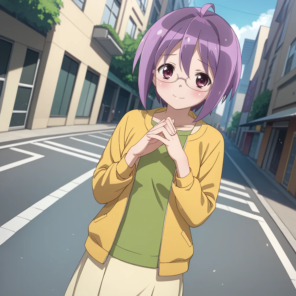 score_9, score_8_up, score_7_up, 1girl, solo, uncensored, futabaichinose, smile, closed mouth, shy, looking at viewer, own hands together, standing, glasses, dutch angle, short purple hair, green shirt, yellow jacket, white skirt, outdoors, street, city, day <lora:FutabaIchinoseXL_v1.0:1>