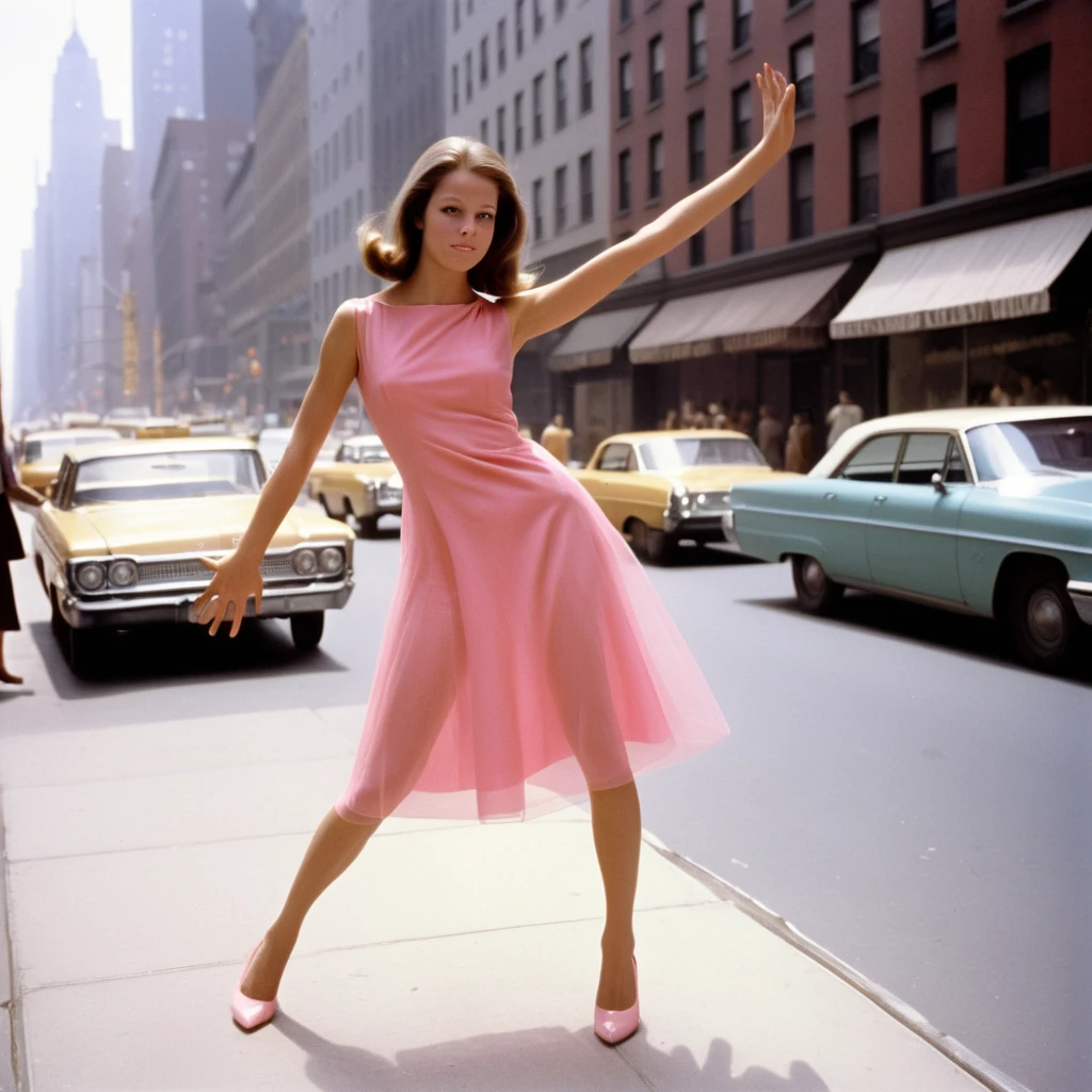 1960s, new york street, haze, young usa woman posing in a strange pose, wearing pink dress. strong contrast, <lora:strange_poses:1>, better eyes, better hands, better legs, better proportions, better face, best hands