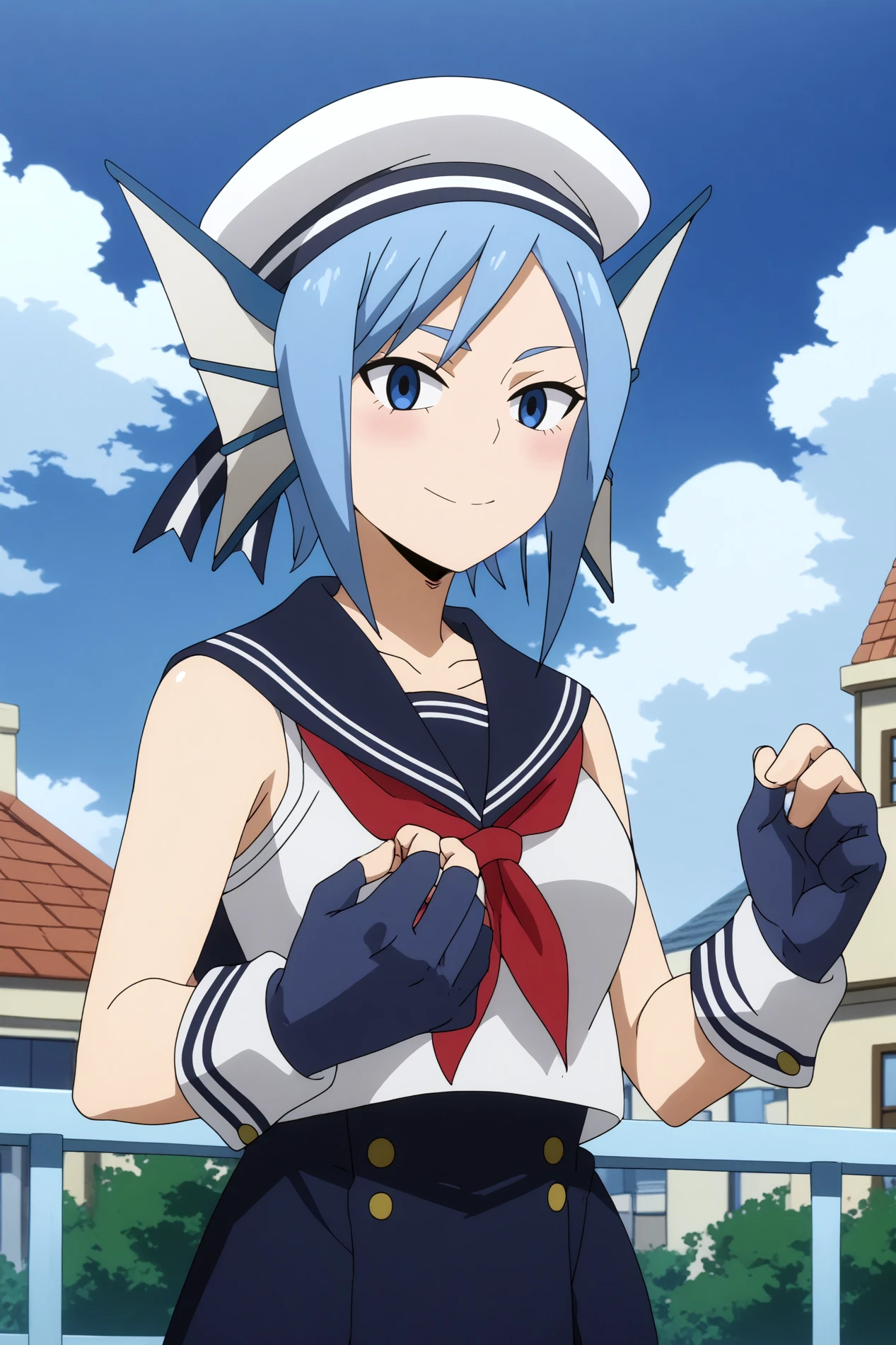 sirius,1girl,solo,hat,gloves,sailor collar,short hair,looking at viewer,head fins,sleeveless,school uniform,fingerless gloves,neckerchief,smile BREAK outdoors,blue sky,cityscape,blue sky,cloud <lora:Sirius_-_My_Hero_Academia.safetensors:0.8>