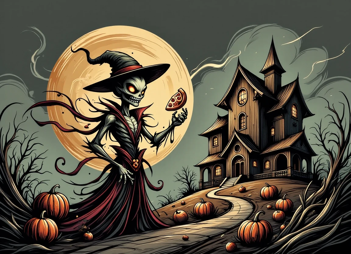 A misty midnight graveyard scene with a giant pumpkin moonlit in the background, surrounded by ghosts and skeletons playing music on old-fashioned instruments while a vampire stands proudly next to a spooky mansion with a witch's castle on top, wearing a pointed hat and holding a glowing pizza slice, illuminated by an eerie lightning effect from a stormy sky, with a haunted house landscape stretching out into the distance.