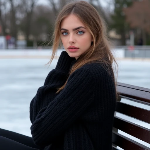 Full body Photograph of a woman with blue eyes and striking features, she's wearing a black sweater and sitting on a park bench at an outdoor ice skating rink