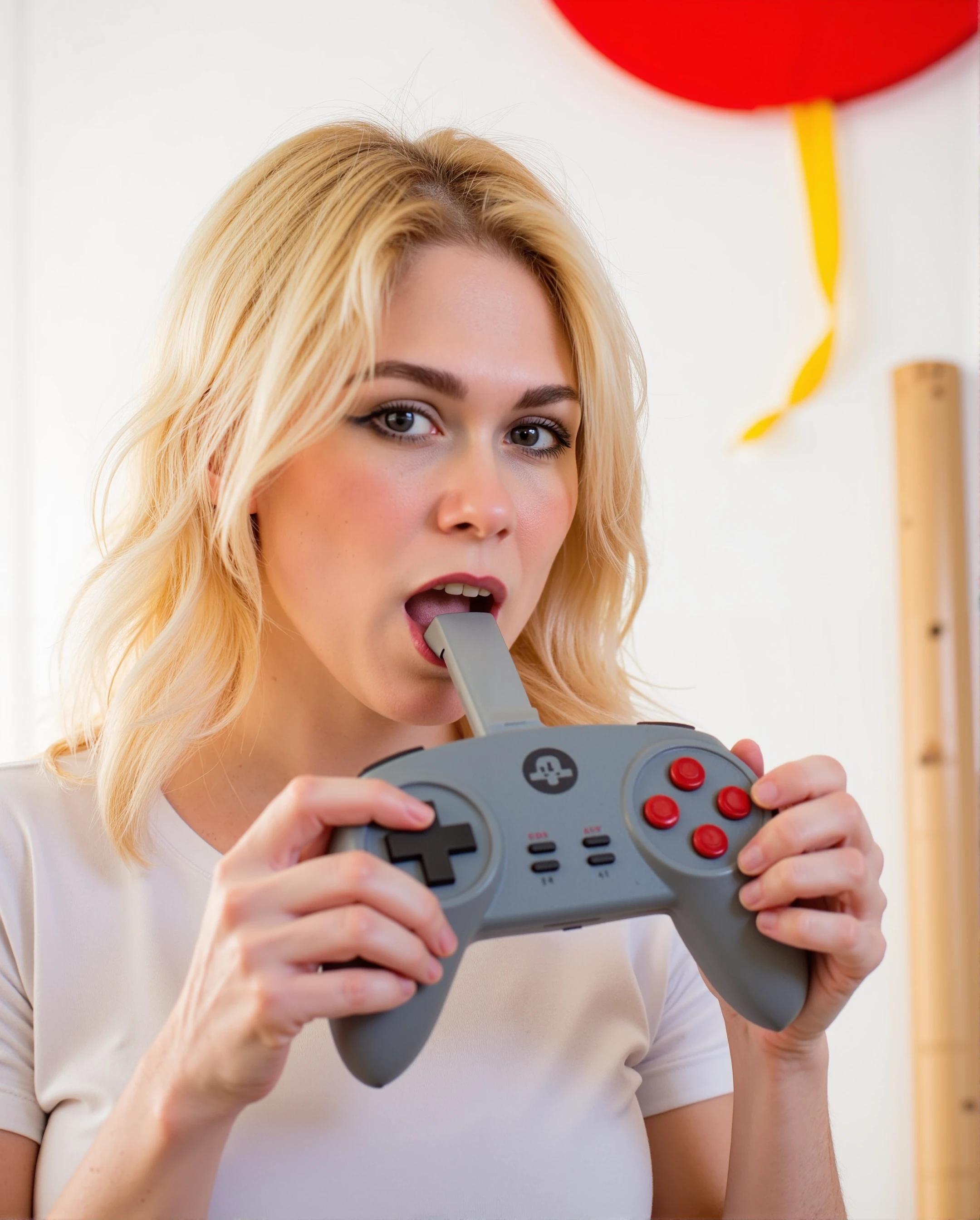 l3m01n3 as marinagamer with blonde hair is standing in front of a white wall. l3m01n3 is wearing a short sleeve white shirt. l3m01n3 is sucking a gray game controller in her hands. There are red and white buttons on the controller. There is a black circle on the top of the controller with a white cross on it. Part of a red and yellow decoration can be seen hanging off the wall.<lora:flux\personas\Lemoine_Flux.safetensors:1.0:1.0>