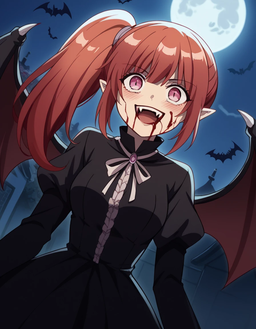 score_9, score_8_up, score_7_up, source_anime, <lora:chastille-lillqvist-s1-ponyxl-lora-nochekaiser:1>, chastille lillqvist, long hair, red hair, side ponytail, pink eyes, medium breasts,, <lora:vampire-ponyxl-lora-nochekaiser:1>, vampire, red eyes, pointy ears, fangs, black dress, wings, blood, blood on face, blood on mouth, bat (animal), halloween, halloween costume, upper teeth only, night, moon, blush, smile, open mouth, , dutch angle, cowboy shot