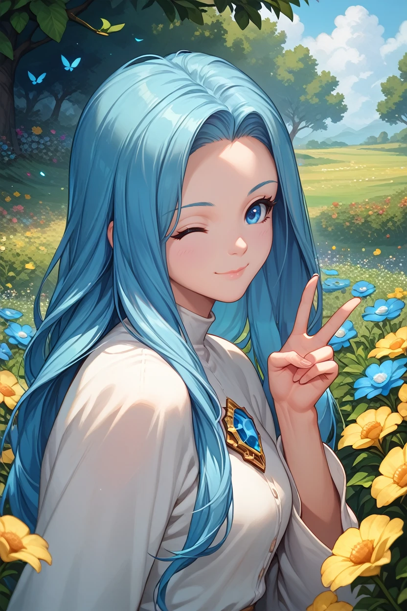 score_9, score_8_up, score_7_up,
<lora:GFLyria:0.8>
GFLyria, 1girl, blue hair, blue eyes, long hair, jewel, looking at viewer, from side, wink, happy, smile, closed mouth, peace sign, flowers, meadow