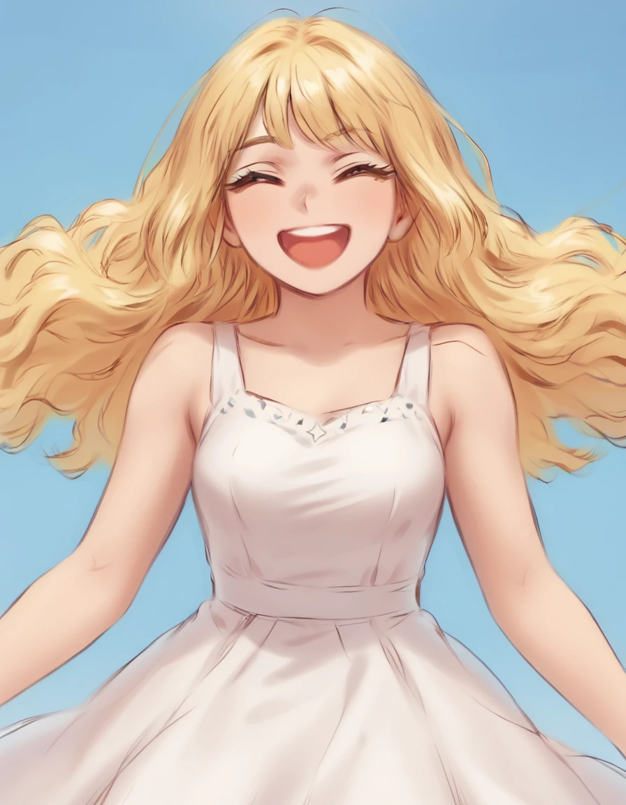 <lora:Shpo_test:1>shpo, 1girl, long blonde hair, white dress,  happy, windy, simple background