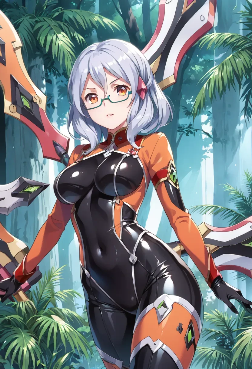 score_9, score_8_up, score_7_up, score_6_up,
masterpiece,

1girl, solo,

Miranda, glasses, orange eyes, hair ornament, semi-rimless eyewear, grey hair, short hair,

black latex suit, outside, forest, weapon,