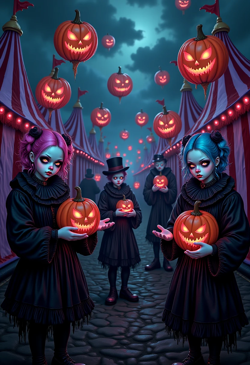 A pastel goth circus at twilight, where eerie clowns with soft, pastel-colored hair  and black outfits juggle glowing jack-o-lanterns. The circus tent is decorated in  pale pinks, purples, and mint greens, but with a dark edgeâlike the pastel sweetness  is hiding something sinister. Picture the softness of pastel goth aesthetics meeting  the creepy, unsettling aura of a haunted Halloween carnival.  , PastelGothDarkCircusDaal