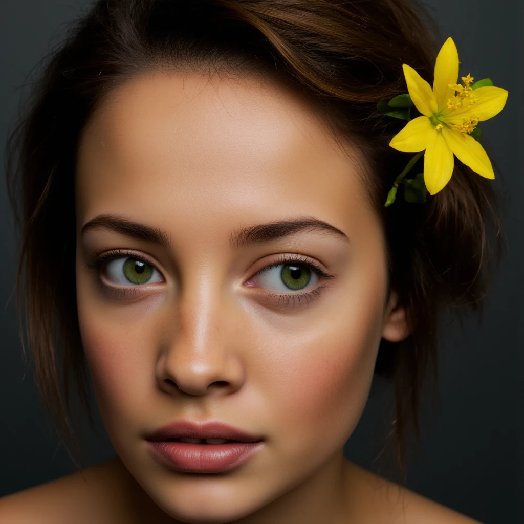 cinematic film still of  <lora:Three-quarter view style v1:1>
Three-quarter view of a woman with a flower in her hair, three-quarter profile style, perfect image, perfect body position, perfect anatomy style, Three-quarter view style, 2.5D style, 3/4 style, solo, long hair, simple background, brown hair, hair ornament, green eyes, flower, hair flower, lips, portrait, freckles, nose, photorealistic, parted lips, eyelashes, traditional media, shallow depth of field, vignette, highly detailed, high budget, bokeh, cinemascope, moody, epic, gorgeous, film grain, grainy