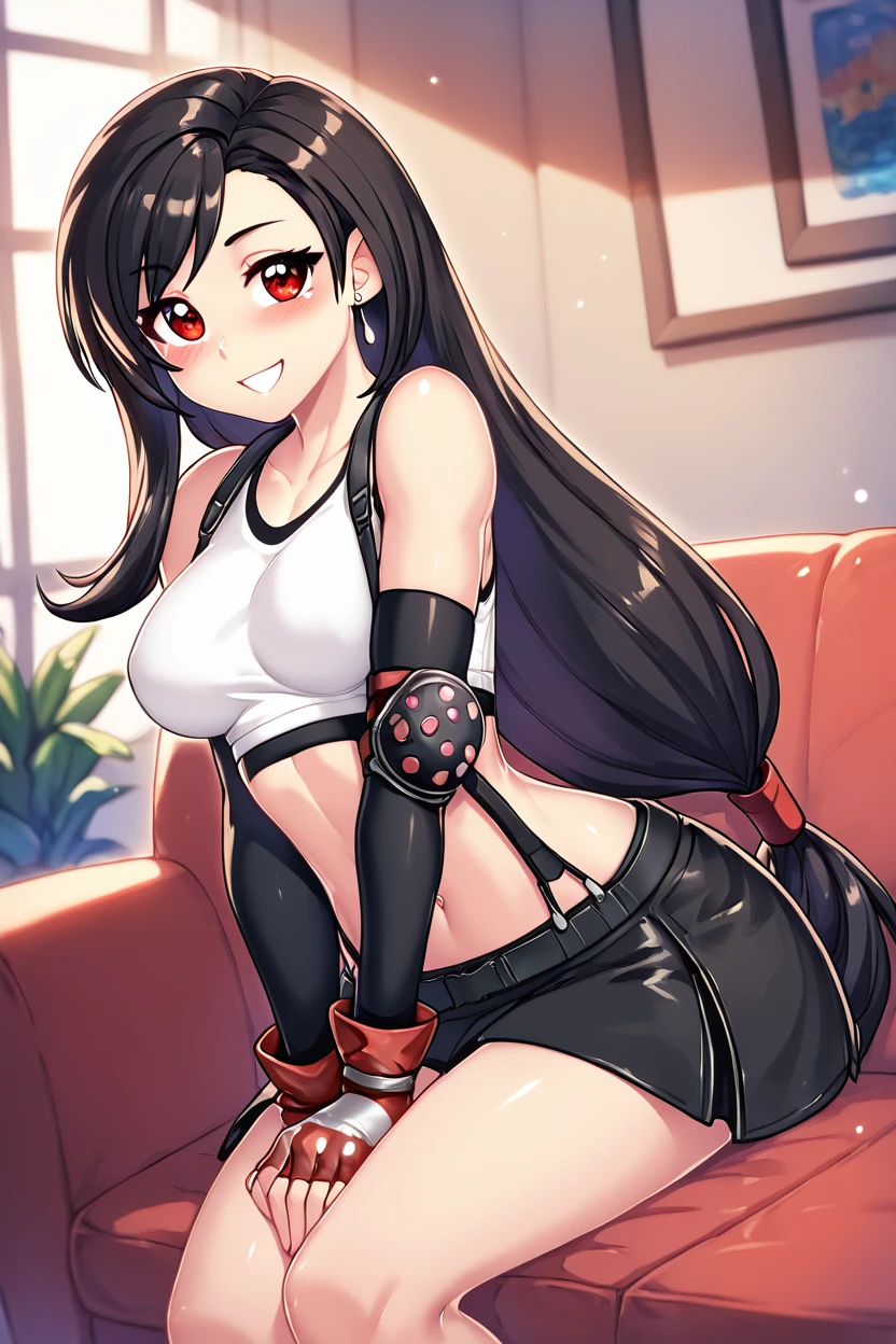 score_9, score_8_up, score_8, medium breasts, (curvy), cute, eyelashes,       BREAK, , BREAK, <lora:tifa-pdxl-nvwls-v1:0.8>, defTif, red eyes, black hair, low-tied long hair, earrings, white sports bra, black suspenders, black miniskirt, arm warmers, black elbow gloves, elbow pads, red gloves,, ,,, hand between legs, blush, smug,  ,,,  smile, looking at viewer, blush, blurry, couch, sitting,   ,,, <lora:HaseYu_PDXL:0.8>, ,,,, BREAK,  smile, looking at viewer, cowboy shot,  embedding:zPDXL, Expressiveh, <lora:SDXLFaeTastic2400:0.5>,  <lora:Expressive_H-000001:0.4>,