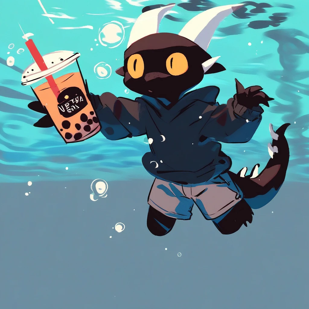 score_9_up, score_8_up, score_7_up, source_furry. mikus-concept, parody, underwater, swimming, album parody, nirvana nevermind, black dragon, black body, white horns, yellow eyes, holding, bubble tea, black sweater, gray shorts,