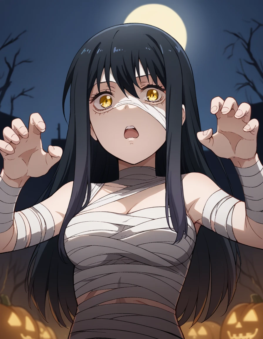 score_9, score_8_up, score_7_up, source_anime, <lora:miko-yotsuya-s1-ponyxl-lora-nochekaiser:1>, miko yotsuya, long hair, bangs, black hair, hair between eyes, yellow eyes, medium breasts,, <lora:mummy-costume-ponyxl-lora-nochekaiser:1>, mummy costume, bandages, halloween costume, bandaged arm, zombie pose, bandage on face,, desert, moon, night, open mouth, , dutch angle, cowboy shot