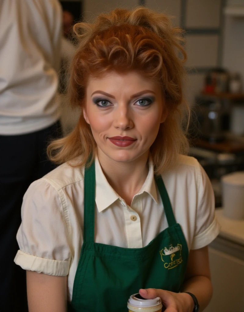 Vivienne Fovéa is a redhead woman. She is working in a starbuck. She wears a starbuck uniform and serves coffee <lora:Vivienne_Fovéa:0.9>