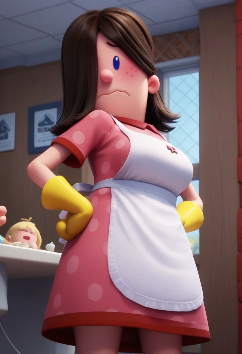 edith (captain underpants), 1girl, dark brown hair, hair over one eye, hair covering one eye, dot blue eyes, freckles, blush, pink polka dot dress, short sleeves, white apron, yellow dishwashing gloves, pink mary janes, white socks, plump, curvy, Expressiveh, shy, score_8_up, score_7_up, BREAK, 1girl, solo, cute, from behind, looking back, from below, hands on hips, head tilt, ass focus, looking at viewer, detailed background, 4k, masterpiece, best quality, highly detailed, realistic, low-angle shot, realistic, 3d, no neck, wavy mouth, chibi