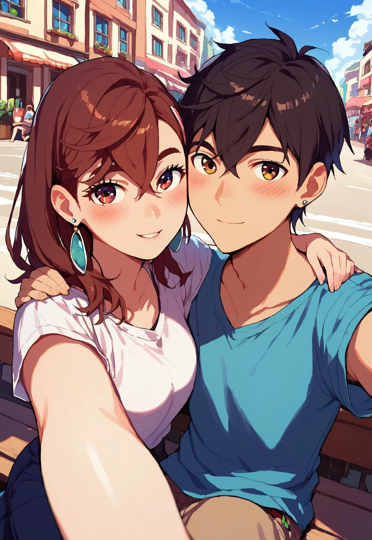 score_9, score_8_up, score_7_up, source_anime, uncensored, BREAK, day, outside, city, Couple Selfie, 1girl, 1boy, sitting, fully clothed, KJOmomo, brown hair, dark eyes, medium hair, hair between eyes, thick eyebrows, earrings, unruly black hair