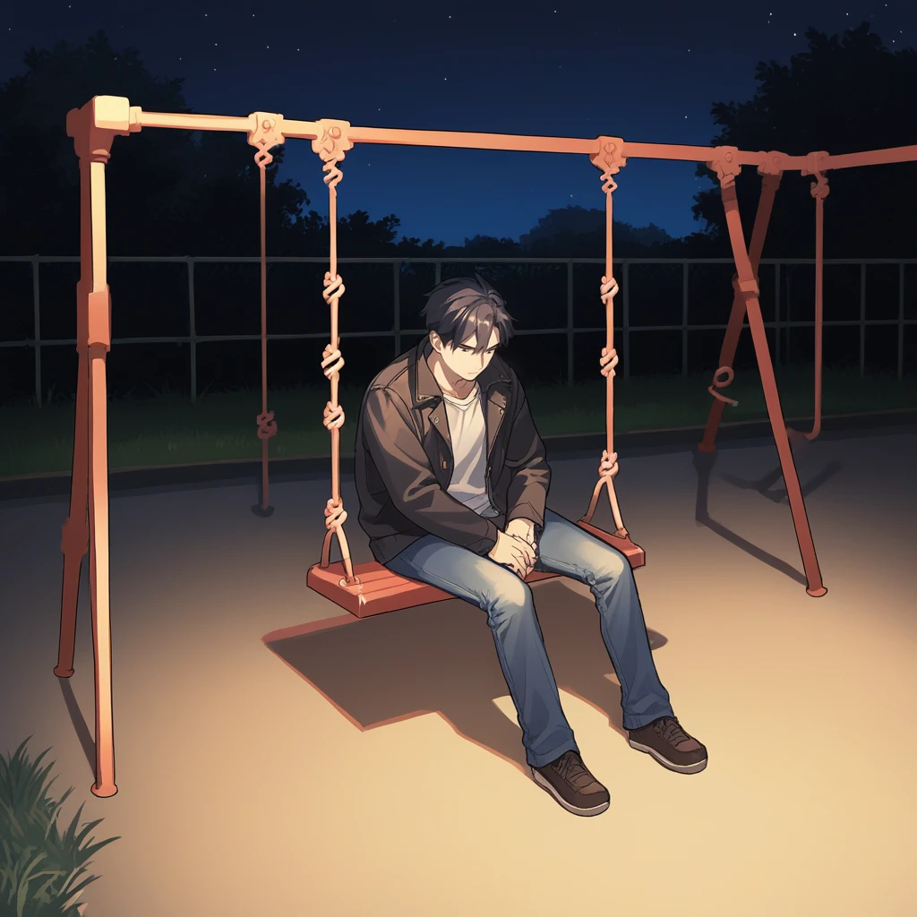 score_9, score_8_up, score_7_up, score_6_up, score_5_up, score_4_up, zPDXL2,source_anime,rating_questionable, 1boy, playground, night, shadows, looking down, jacket, jeans, <lora:SwingSet:0.8> sw1ng, sitting, swing, outdoors