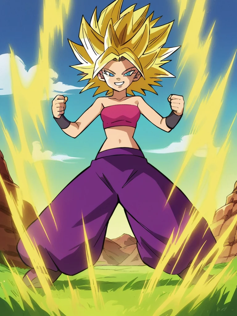 score_9, score_8_up, score_7_up, 
1girl, caulifla, spiked hair, blonde hair, big hair, blue eyes, 


standing, 
pink tube top, purple pants, baggy pants, wristband, spread legs, clenched hands, smile, looking at viewer, narrowed eyes, aura, outdoors, grass, field,