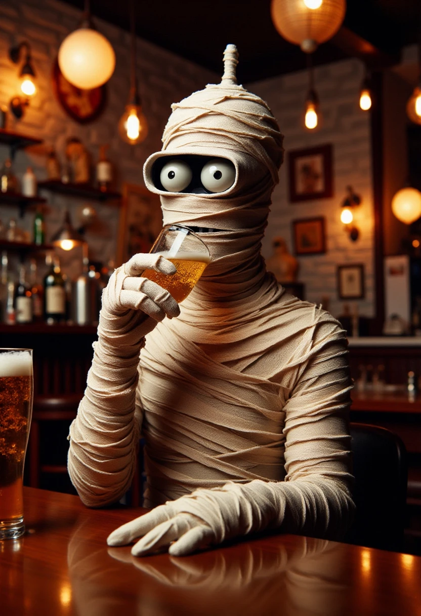 <lora:Mummifier_FLUX:0.9> 
The image is a realistic photo featuring Bender dressed as a mummy sitting at a pub drinking beer.