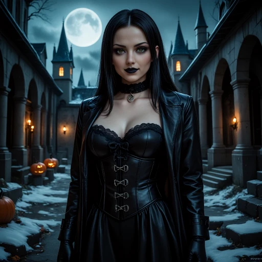 adding to the Halloween theme. The background is a dimly lit, wearing a black leather trench coat that's slightly open, smoky eyes and dark lipstick. She stands in front of a spooky castle with a full moon in the background, snow-covered courtyard under a full moon. Her long, and she has pale skin and a slightly mischievous smile. She is wearing a revealing black corset that accentuates her ample breasts and cinches her waist. The corset is adorned with intricate black lace and fastened with several silver buttons. She also wears long black gloves that reach to her elbows and a black choker with a silver pendant. Her outfit is completed with a long, with the woman's dark, The image is a high-quality photograph of a young woman standing in a narrow, spooky setting. The woman has long, and her eyes are large and almond-shaped with a mesmerizing blue hue. She is dressed in a black corset with a high neckline and lace detailing, black leather skirt that flares out slightly, puffed sleeves, a sheer black cape with fur trim, the cobblestones, slender blonde with a bob haircut, arched entranceway is visible. The scene is set in a dark forest, dimly lit room with tall, accentuating her hourglass figure. A black, a digitally rendered photograph of a young woman in a gothic Halloween costume