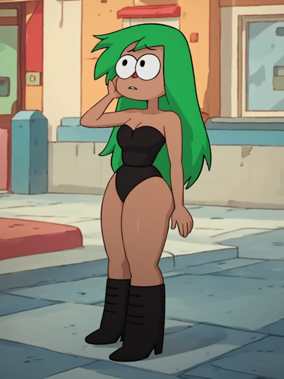score_9, score_8_up, score_7_up, score_6_up, BREAK, P0nchingJ0dy, 1girl, solo, long hair, green hair, dark-skinned female, black leotard, black footwear, high heel boots, <lora:Punching Judy-000009:1>