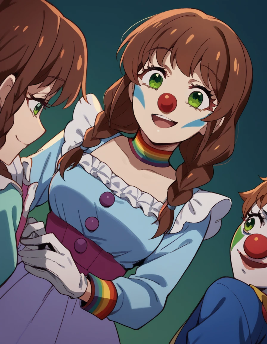 score_9, score_8_up, score_7_up, source_anime, <lora:shiori-sakurazaka-s1-ponyxl-lora-nochekaiser:1>, shiori sakurazaka, brown hair, green eyes, braid, braided ponytail, medium breasts,, <lora:clown-ponyxl-lora-nochekaiser:1>, clown, makeup, clown nose, facepaint, gloves, long sleeves, frills, dress,, smile, open mouth, smug, , dutch angle, cowboy shot