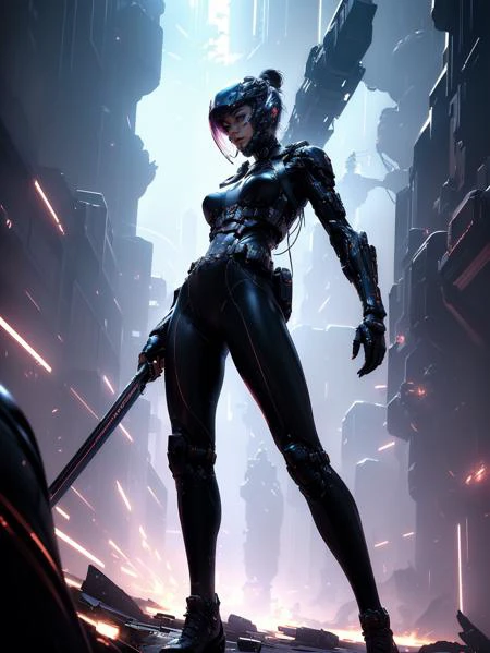(masterpiece,top quality,best quality,official art,beautiful and aesthetic:1.2), (full body:1.0), Dynamic Angle, Perspective, High Point,pov
A shot with tension(sky glowsVisual impact,giving the poster a dynamic and visually striking appearance:1.2),
<lora:绪儿-赛博武士 xuer cyberwarrior:0.7>,xuer cyberwarrior,   <lora:detail_slider_v4:2> ,more detail, <lora:ClothingAdjuster3:-0.5>