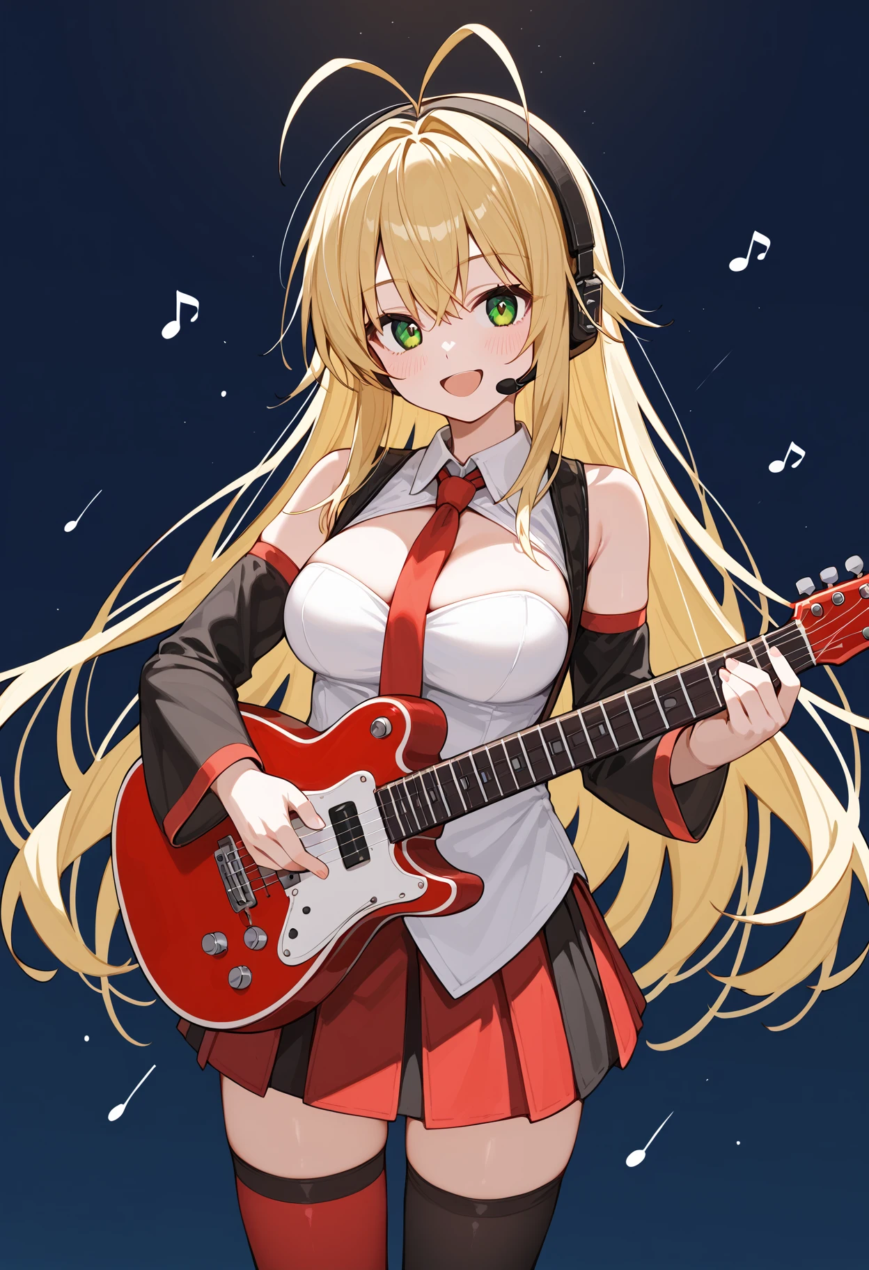 score_9, score_8_up, score_7_up, source_anime, <lora:lowres_concept_ponyXL_v1:-0.3> rating:general, 
BREAK,
tsurumaki maki, blonde hair, long hair, antenna hair, green eyes,
solo, 1girl, large breasts, instrument, guitar, detached sleeves, skirt, thighhighs, open mouth, looking at viewer, cleavage, smile, headphones, red skirt, red necktie, holding, electric guitar, headset, single thighhigh, bare shoulders, blush, bangs, holding instrument, pleated skirt, :d, music, cowboy shot
<lora:tsurumaki_maki_ponyXL_v2-15:1>