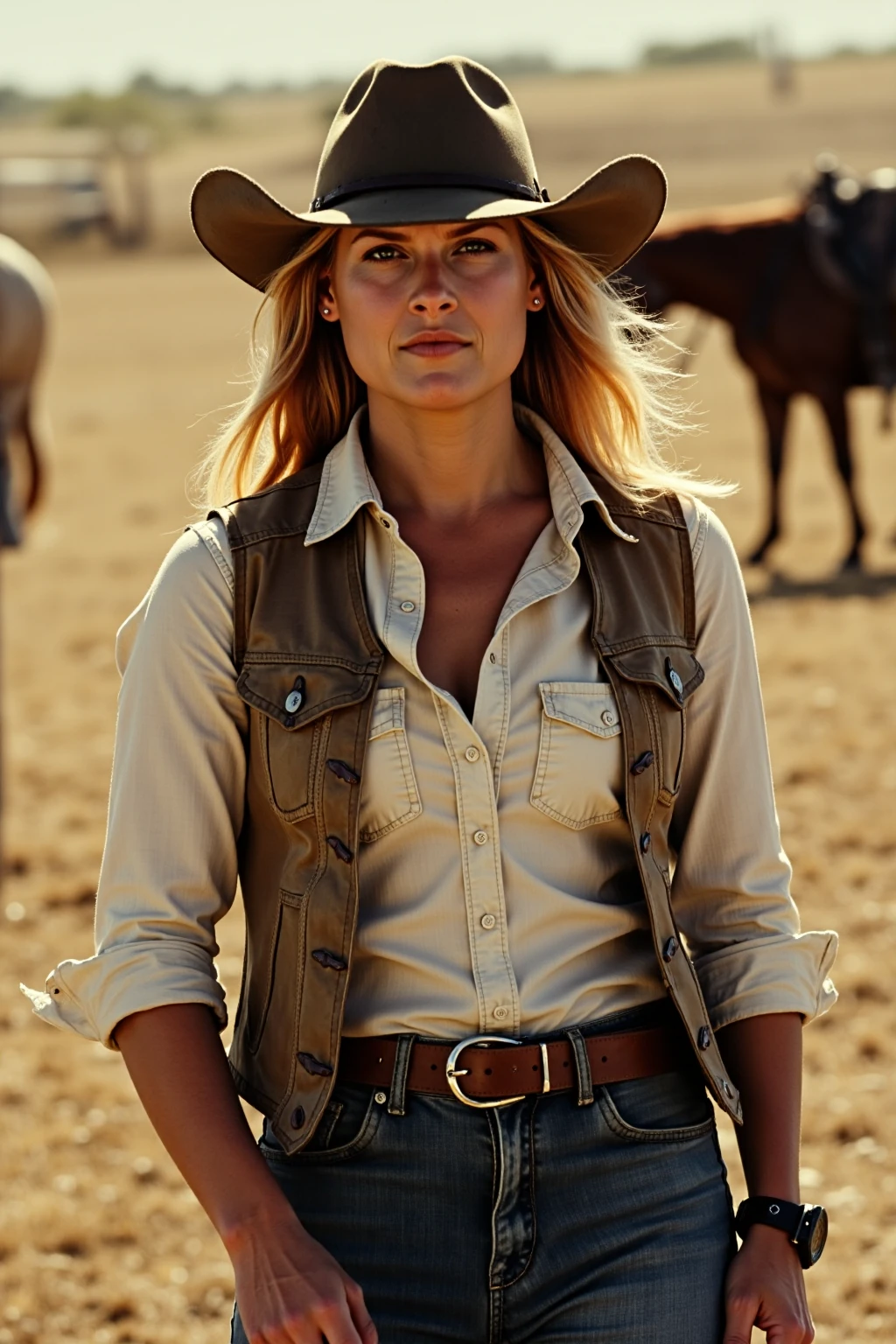 professional photography, ((semi-close portrait)), 30yo blonde woman posing for a picture on a ranch in a cowboy outfit, bokeh <lora:Herbst_Photo_Style_v3:0.7> <lora:Pro-skin:0.4> <lora:Ali_Larter_Flux:1>