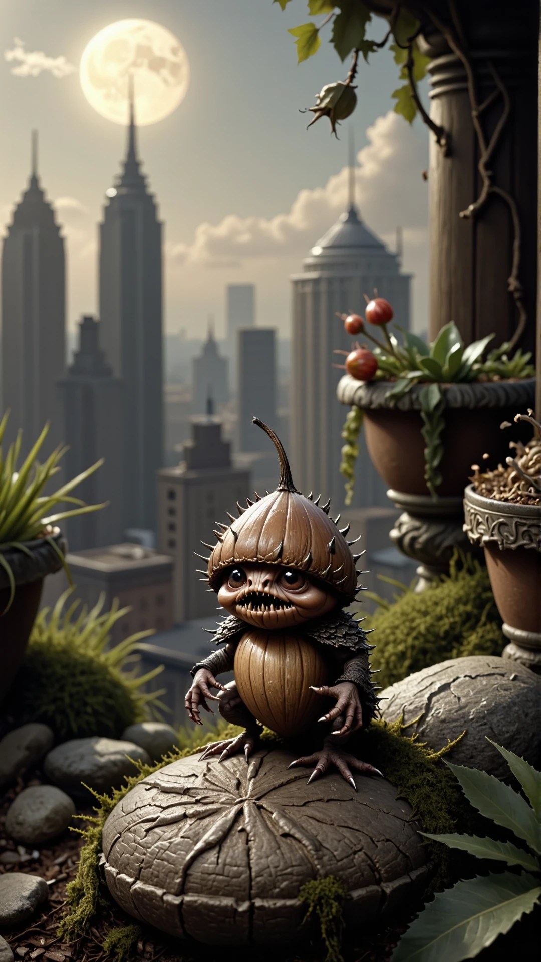 A professional film grain photography A little huskling, resembling a living acorn with tiny, spiky protrusions, peeks out from behind a intricately designed stone stepping stone in a lush rooftop garden. The huskling's sharp teeth and fangs gleam in the soft, warm light of a late afternoon sun. Its large, expressive eyes seem wary, watching the landscape architect's hands as they kneel down to examine the arrangement of the garden's succulent plants.
The huskling's acorn-like body is roughly the size of a fist, with its brown cap sporting a few errant twigs and leaves. Its tiny limbs grasp the edge of the stepping stone, providing balance as it observes the scene before it. A few soft, downy strands of plant fluff stick to its prickly skin, giving the huskling an adorable, slightly rumpled appearance.
In the background, a sprawling metropolis stretches out, with skyscrapers and high-rise buildings looming in the distance. The rooftop garden, however, is an oasis of tranquility, with carefully arranged rocks, carefully manicured grasses, and an assortment of potted plants adding a touch of natural serenity to the otherwise steel and concrete jungle.
The huskling, sensing the landscape architect's attention, hesitates for a moment, before scampering up the side of a nearby planter and disappearing behind a cascade of flowering vines.photography,close-up shot,selfie angle,natural light,high fantasy,extremely detailed,disintegrating moon,hyperrealistic,projection lighting,(bilaterally symmetrical:1.4),shot on Canon EOS M6 Mark II with Canon EF-M 32mm f-1.4 <lora:HusklingFlux:1>