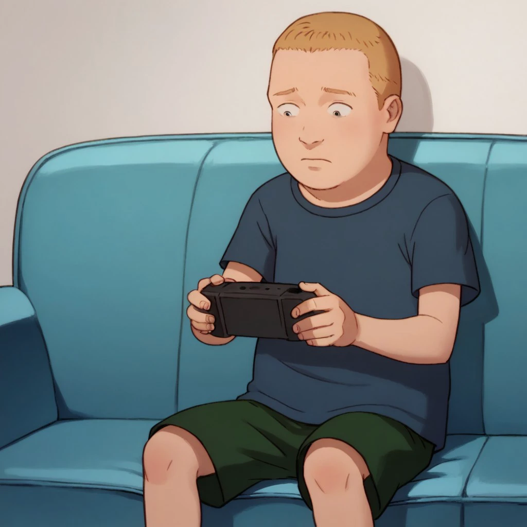 score_9, score_8, score_7, break, bobby_h, solo, male child, 1boy, blonde hair, short hair, shirt, shorts, sitting, sofa, playing video game