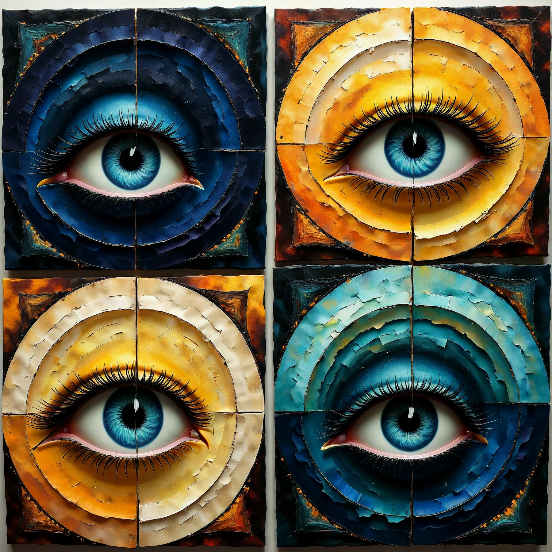 4 paintings.

The eye at the end of the quilted vortex.

<lora:Quadrality01_CE_SDXL_64x32x180x2bOT:0.7> qdrltyCE style, 