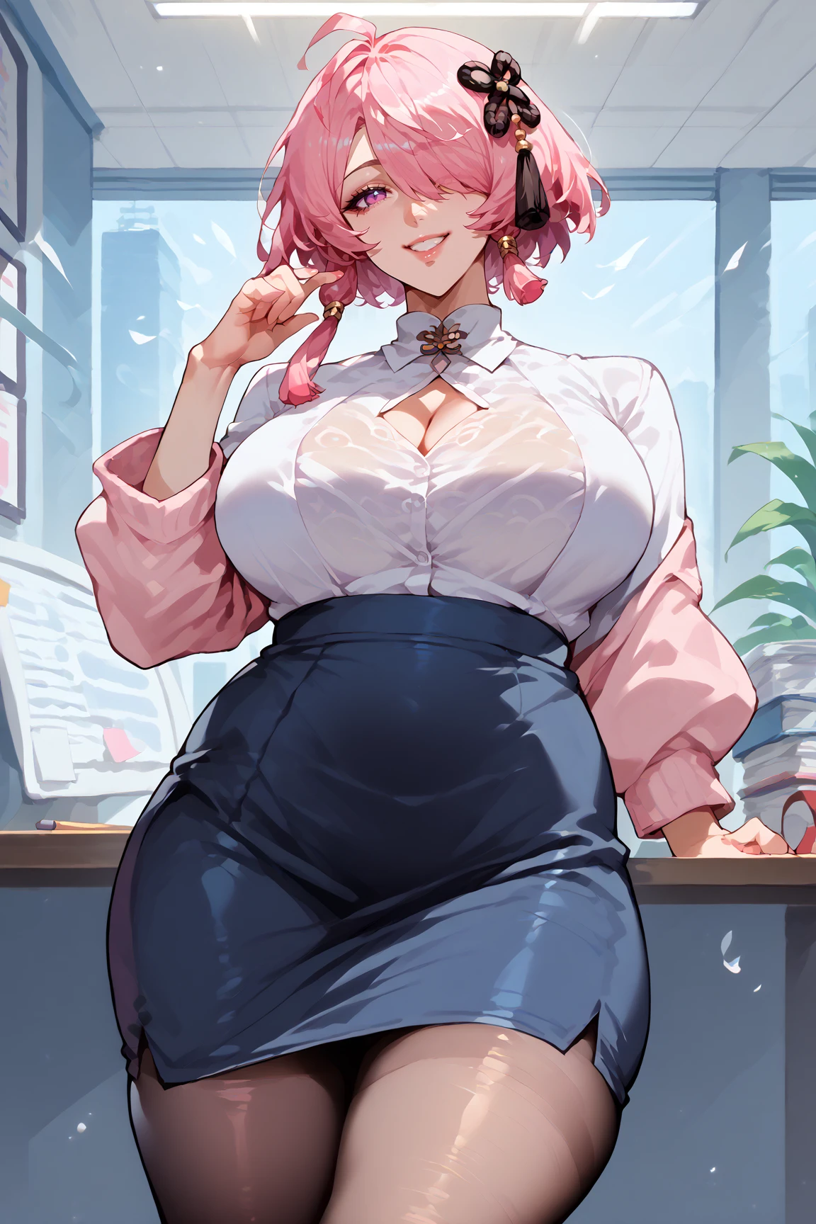 score_9, score_8_up, score_7_up, score_6_up, source_anime, solo, 1girl, taoqi, large breasts, pink hair, pink eyes, hair over one eye, hair ornament, , blouse, pencil skirt, pantyhose, office lady, office, smile <lora:Taoqi:1>