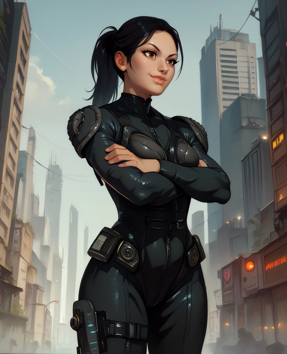 score_9,score_8_up,
fayexl,ponytail,black hair,brown eyes,
black body suit,armor,solo,hips,crossed arms,
light smile,
city,science fiction,s,<lora:fayexl:0.8>,