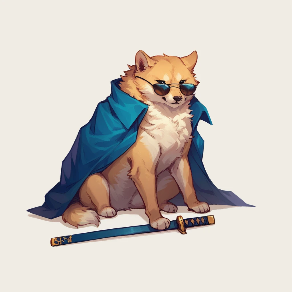 <lora:MEME_Doge-PONY:0.8> cheems, sunglasses, feral, collared cape, hilt, sheathed katana, sitting, no humans, yellow fur, simple background, score_9, score_8_up, score_7_up, score_6_up,