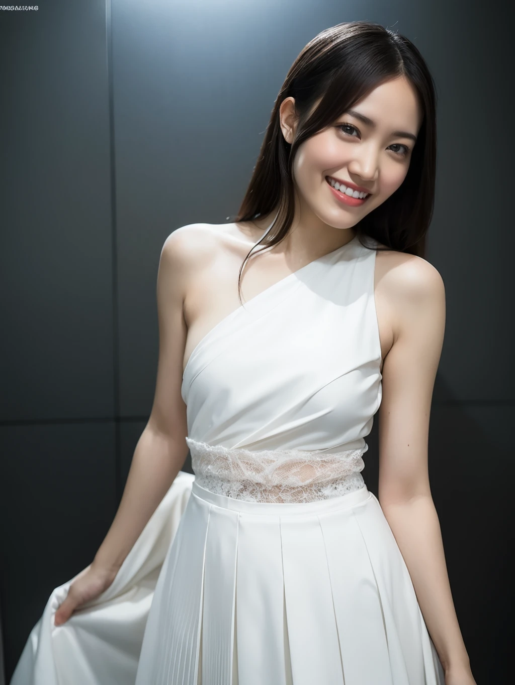 1girl,(wearing a pleated skirt, open shoulders),(RAW photo, best quality), (realistic, photo-realistic:1.4), masterpiece, an extremely delicate and beautiful, extremely detailed, 2k wallpaper, Amazing, finely detail, extremely detailed CG unity 8k wallpaper, ultra-detailed, highres, soft light, beautiful detailed girl, extremely detailed eyes and face, beautiful detailed nose, beautiful detailed eyes,cinematic lighting, ((crumpled smile)),<lora:maturi_v1:1.1>