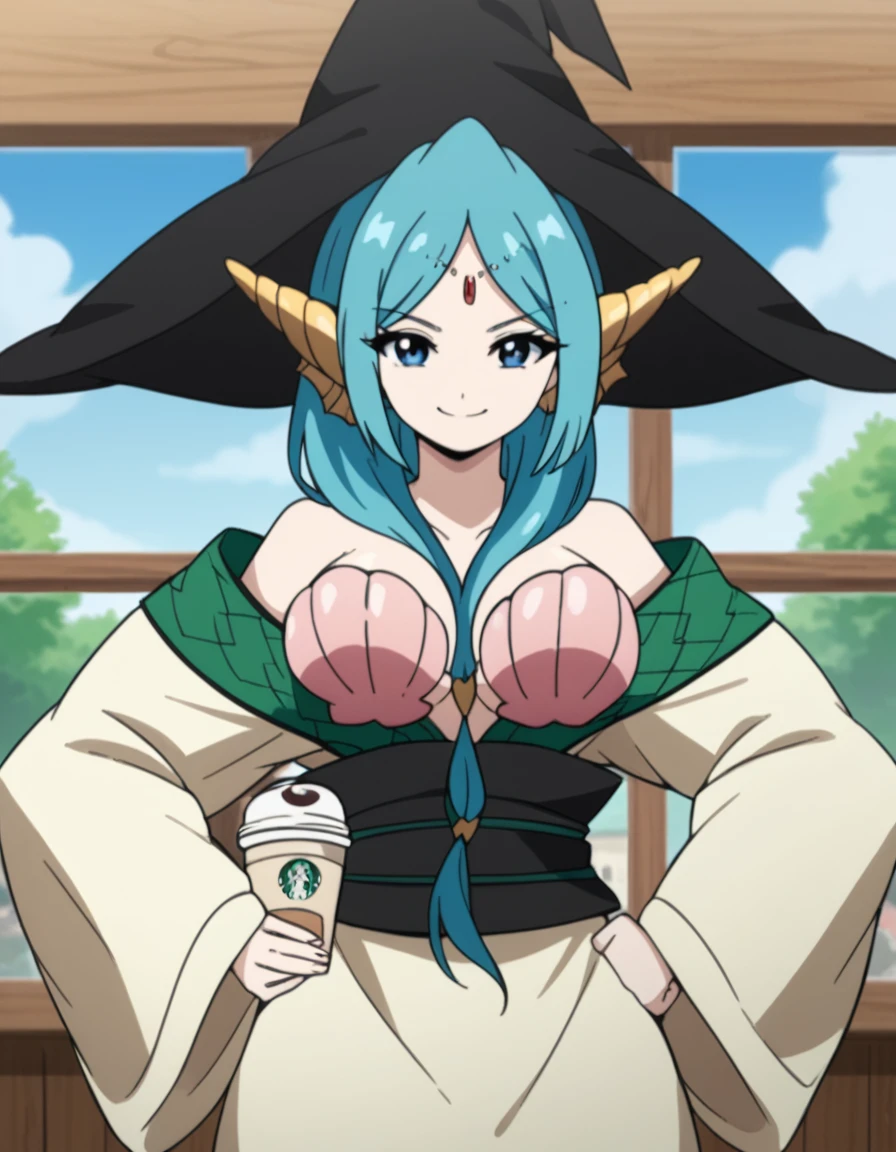 score_9, score_8_up, score_7_up, source_anime, <lora:yamraiha-s1-ponyxl-lora-nochekaiser:1>, yamraiha, long hair, blue eyes, large breasts, blue hair, aqua hair, front ponytail, hair between breasts, hat, bare shoulders, witch hat, between breasts, shell, shell bikini, robe, long sleeves, wide sleeves, sash,, cafe, coffee cup, barista, sitting down, talking, relaxing, sunlight through window, smile, smug, hands on hips,, looking at viewer, solo,, dutch angle, cowboy shot