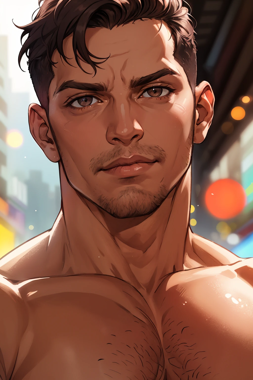 best quality, masterpiece, (absurdres, highres, ultra detailed, extremely detailed), detailed face, detailed eyes, detailed background, portrait of a Moroccan man, 40 y.o, natural skin, film grain, skin imperfections, ((face close-up)), (short undercut hairstyle), intricate brown eyes, stubble, short cropped hair, muscular, large pectorals, shirtless, perfect composition, color-graded, vivid details, natural lighting, volumetric lighting, (bokeh), aestheticism, (smirk:0.9), (seductive gaze, tired expression), (single eyebrow raised:0.7), (open mouth:0.7), muscular, large pectorals, puffy nipples
