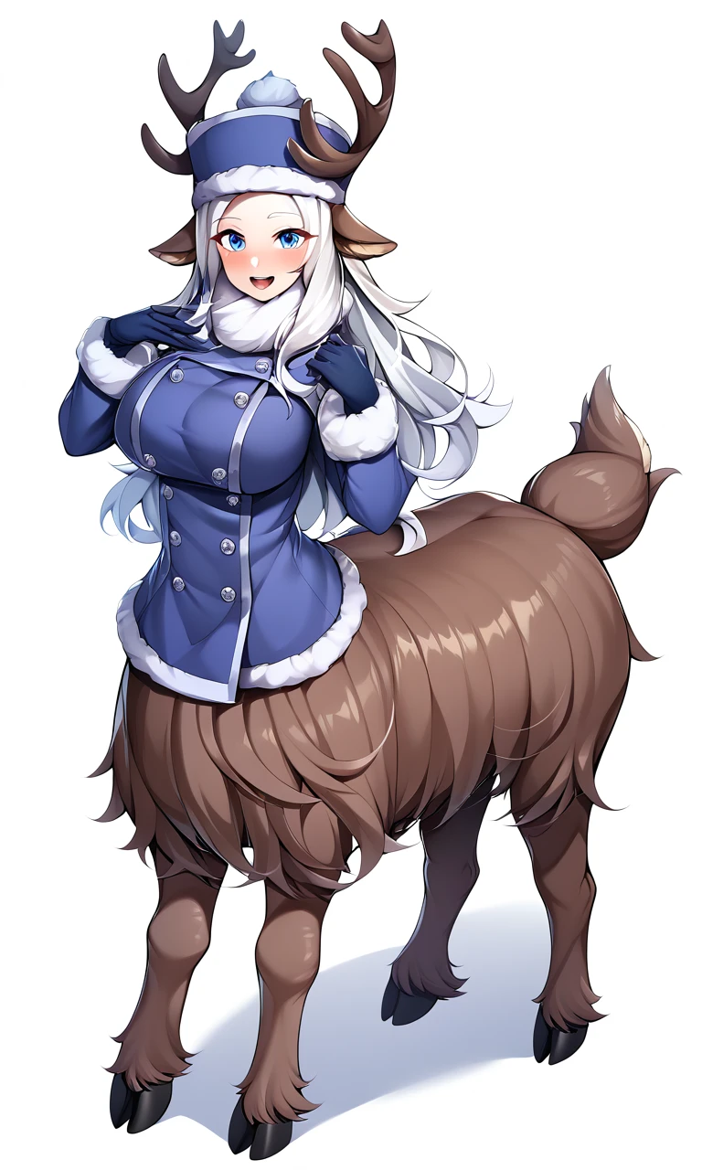 score_9, score_8_up, score_7_up, score_6_up, score_5_up, score_4_up, source_anime, rating_general, 1girl, animal ears, antlers, bell, blue eyes, blush, breasts, buttons, centaur, centauroid, coat, double-breasted, female focus, full body, fur trim, gloves, hat, horns, large breasts, long hair, long sleeves, looking at viewer, monster girl, open mouth, reindeer, simple background, smile, snowflake print, solo, tail, taur, white background, white hair, winter clothes, winter coat, White_Horn_MGE, good_hands