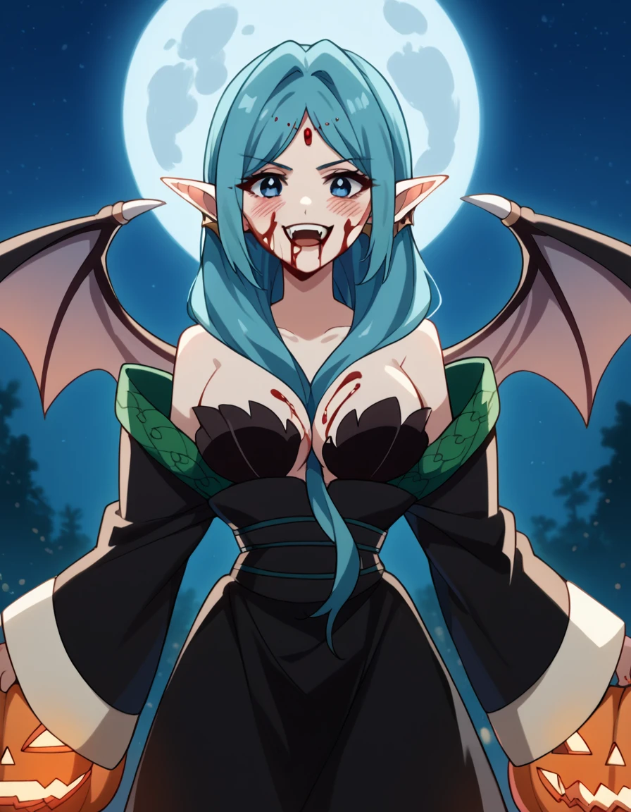 score_9, score_8_up, score_7_up, source_anime, <lora:yamraiha-s1-ponyxl-lora-nochekaiser:1>, yamraiha, long hair, blue eyes, large breasts, blue hair, aqua hair, front ponytail, hair between breasts, <lora:vampire-ponyxl-lora-nochekaiser:1>, vampire, red eyes, pointy ears, fangs, black dress, wings, blood, blood on face, blood on mouth, bat (animal), halloween, halloween costume, upper teeth only, night, moon, blush, smile, open mouth, , dutch angle, cowboy shot