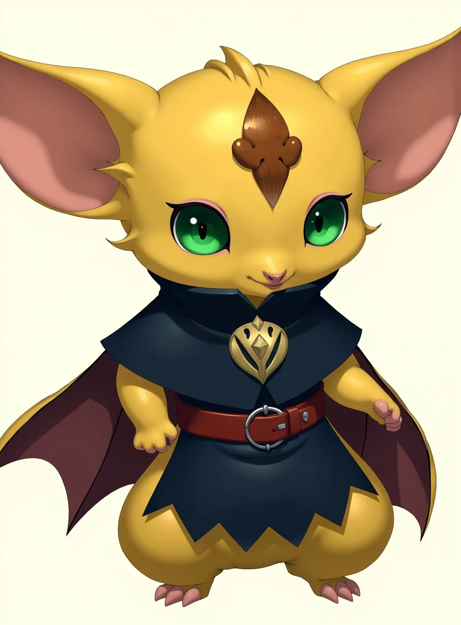 This is an anime inspired digital painting of a cute fantastical, humanoid bat-like character. They have a yellow fur, big green eyes. They are wearing a medieval tabard.The creature has large, elongated ears and a small, expressive face with large, round eyes. It wears a dark blue, high-collared tunic with gold accents and a red belt.They have bat wings for arms and an intricate brown fur pattern on their forehead.