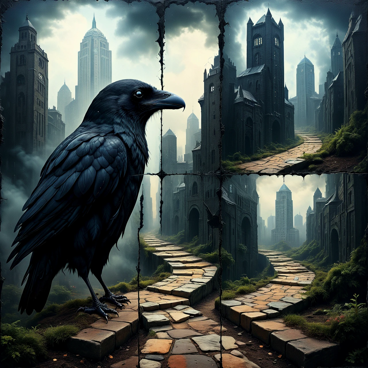 4 quadrants. Abstract. Surreal.

Black raven, black panther, path, city, buildings.

Fantasy style.

<lora:Quadrality01_CE_SDXL_64x32x180x2bOT:0.8> qdrltyCE style
