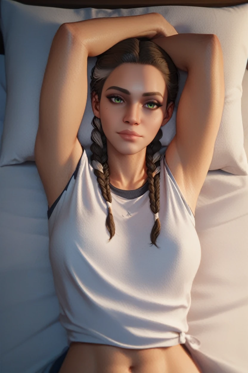 score_9, score_8_up, score_7_up,
<lora:FC6Clara:0.8>
FC6Clara, 1girl, twin braids, brown hair, white streaks, green eyes, looking at viewer, looking at viewer, laying back, on bed, arms up