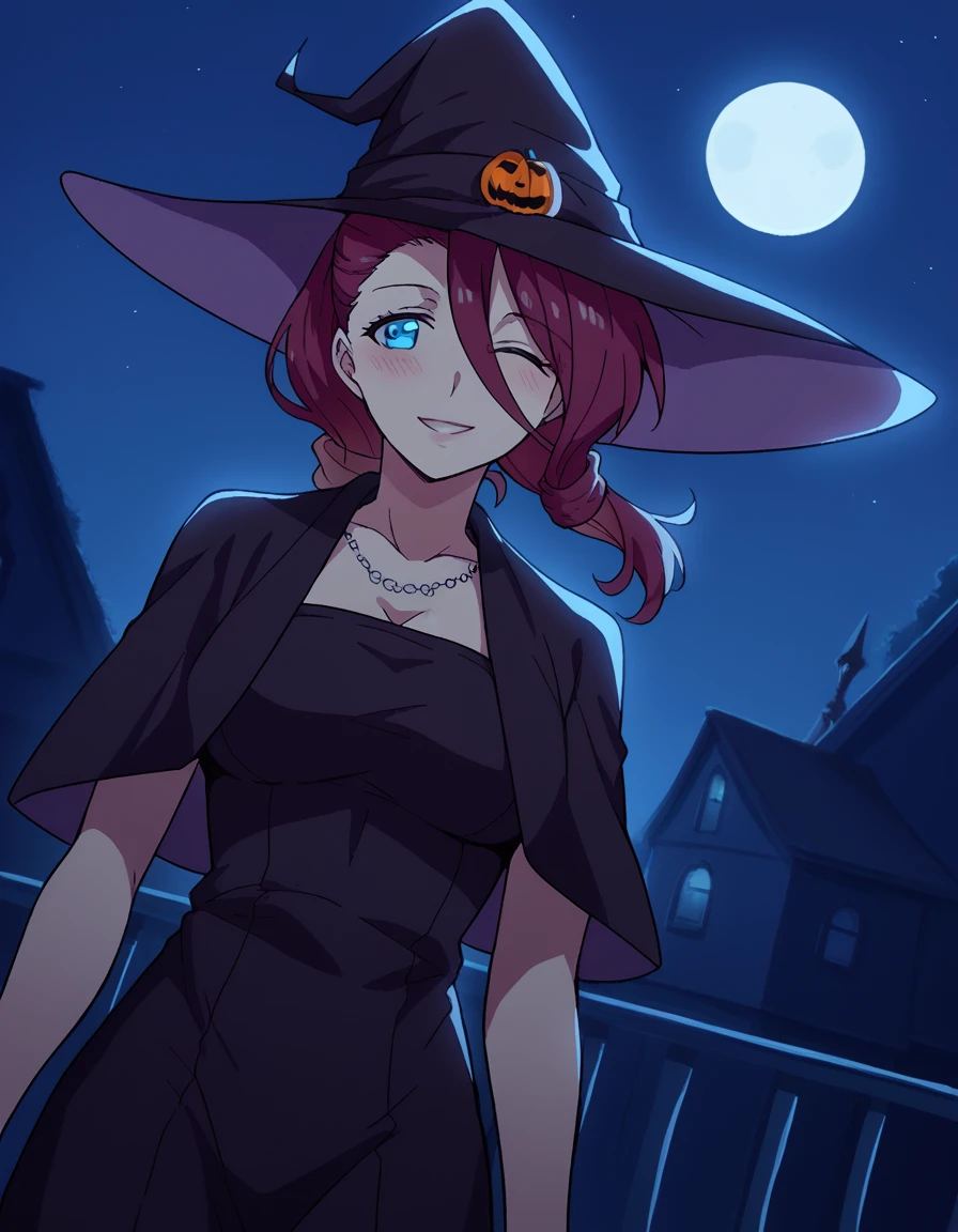 score_9, score_8_up, score_7_up, source_anime, <lora:akane-ryuuzouji-s1-ponyxl-lora-nochekaiser:1>, akane ryuuzouji, long hair, blue eyes, ponytail, red hair, large breasts,, <lora:witch-ponyxl-lora-nochekaiser:1>, witch, hat, witch hat, dress, halloween, halloween costume, jewelry,, night, moon, blush, smile, one eye closed,, , dutch angle, cowboy shot