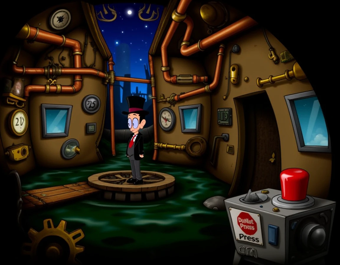 Tony_Tough_Art_Style, This image is a digitally drawn cartoon scene in a quirky, dreamlike style. The central figure is a tall, skinny man with a top hat, exaggeratedly big feet, and a wide grin. He is standing on a small, round platform in the middle of a giant, mechanical room with copper pipes and brass gears. The platform is surrounded by a sea of dark green liquid, with a single wooden bridge leading off to the left. The walls are covered in large, circular dials and meters, all pointing to random numbers, and there are several small, square windows emitting a soft blue glow. On the right side of the image, a large red button is prominently placed on a console, with a sign reading “Do Not Press” in bold white letters. In the distance, faint outlines of towering machines can be seen, giving the room a sense of grandeur and mystery.