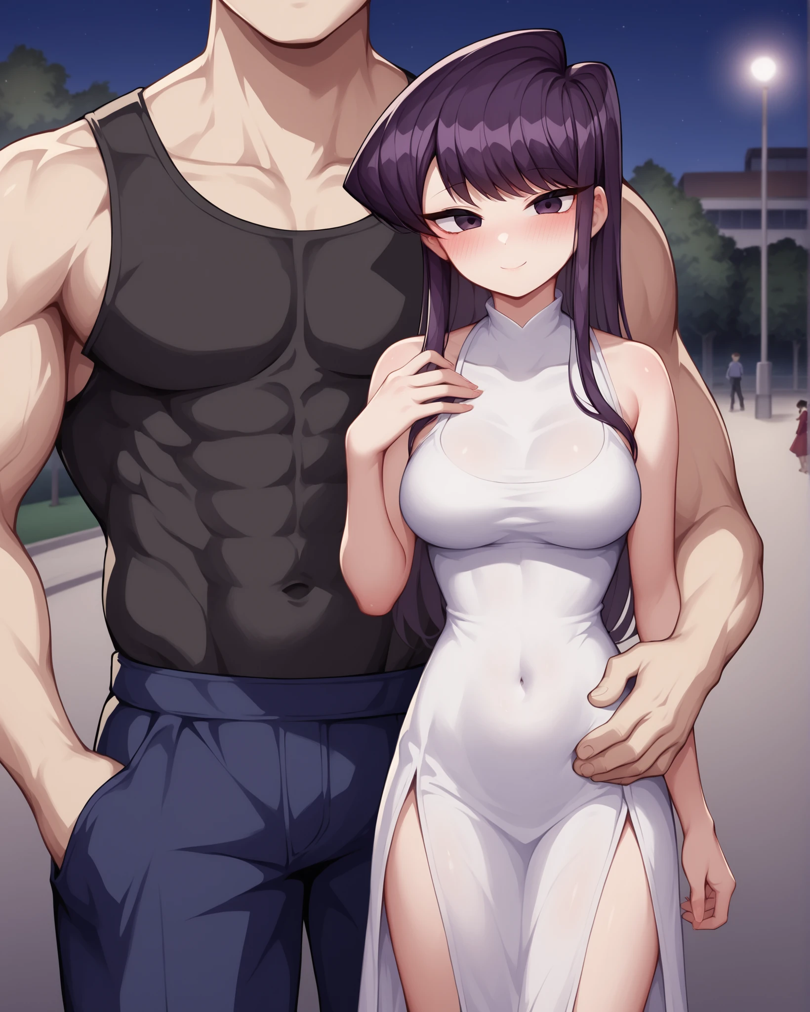 score_9, score_8_up, score_7_up, source_anime BREAK 1girl, Komi Shouko, purple hair, long hair, purple eyes, blush, dress, medium breasts, perky breasts, looking at viewer, smile, 1boy, faceless male, unseen male face, size difference, netorare, hand_on_another's_waist, hand on another's waist, standing, <lora:Hand_on_anothers_hipwaist:1>, park, night, cityscape, covered navel, pelvic curtain, rating_questionable