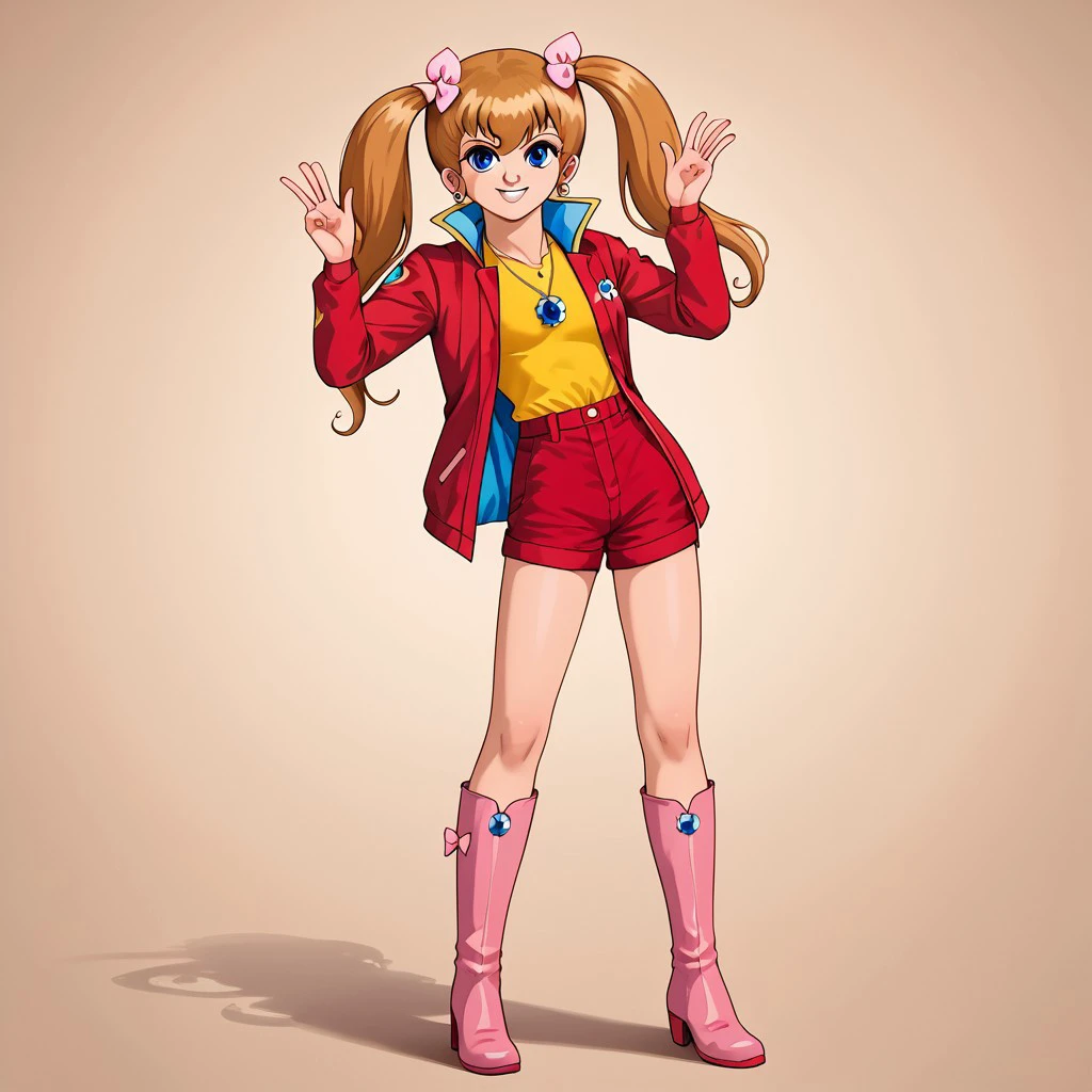 retro artstyle, 1girl, solo, Tickle, blue eyes, brown hair, long hair, twintails, bow, hair bow, necklace, jewelry, jacket, long sleeves, shirt, yellow shirt, shorts, red shorts, boots, knee boots, pink footwear, smile, full body, standing, indoor, front view